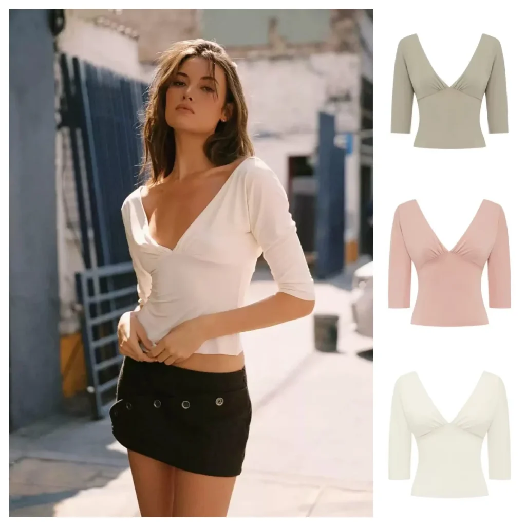 Top Corto Sexy con Cuello en V y Manga Media de Je Niche Design, Ajustado y Recortado en la Cintura para una Figura Favorecedora